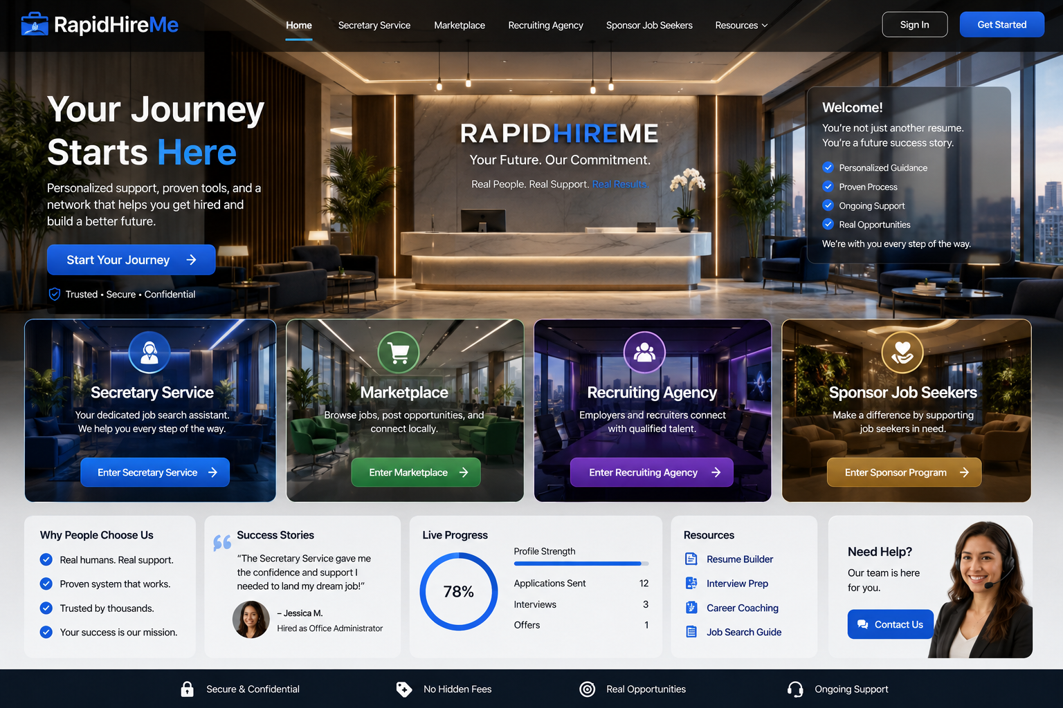 RapidHireMe homepage in a premium office lobby style with Secretary Service, Marketplace, Recruiting Agency, and Sponsor Job Seekers service cards.